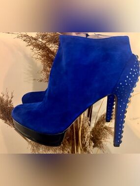 Vince Camuto Royal Blue Suede High Heel Ankle Boot with Studs and Rhinestones